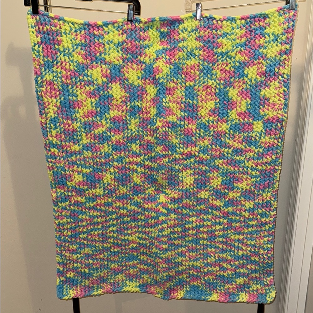 Brightly multicolored pink blue & yellow handmade knit super soft throw blanket